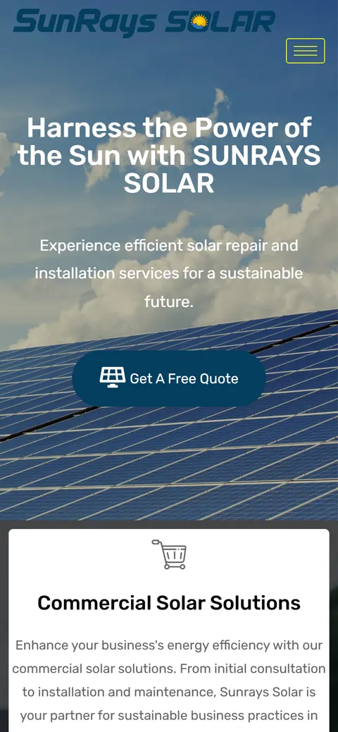 Sunrays Solar on a mobile viewport: the 'Harness the Power of the Sun' hero with a 'Get A Free Quote' button, leading into the Commercial Solar Solutions section