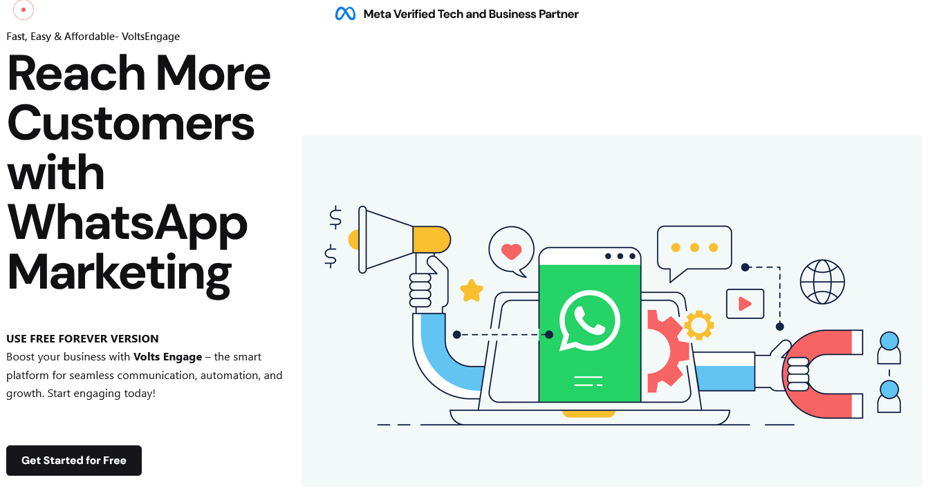 VoltsEngage WhatsApp marketing platform landing screen