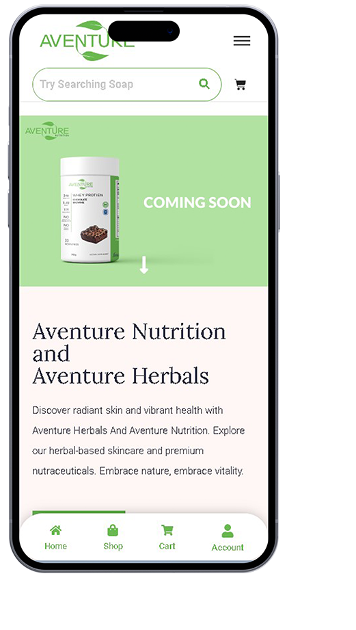 Mock up of iPhone screen with Aventure Nutrition website