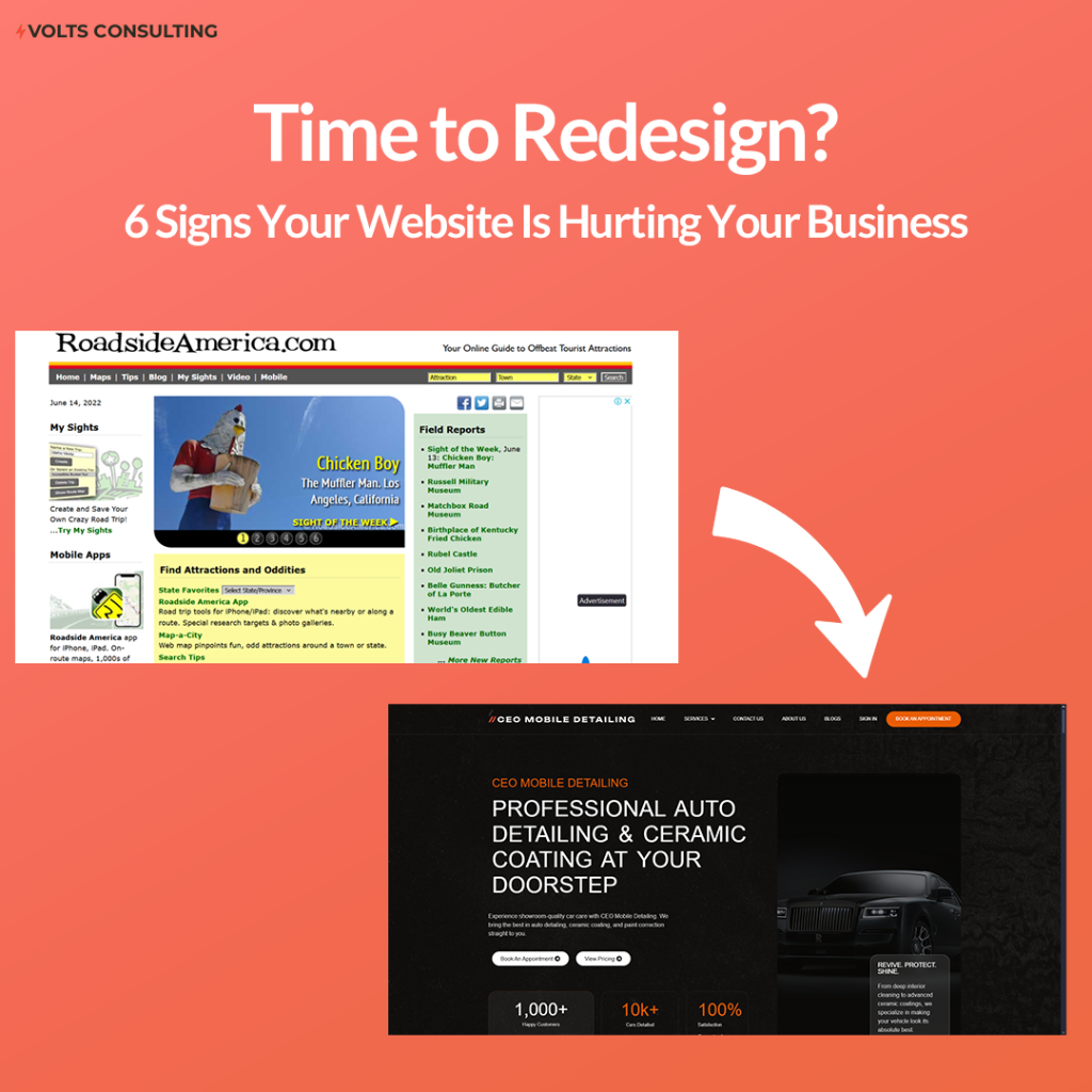 Illustration comparing outdated and modern website design with the title 'Time to Redesign?