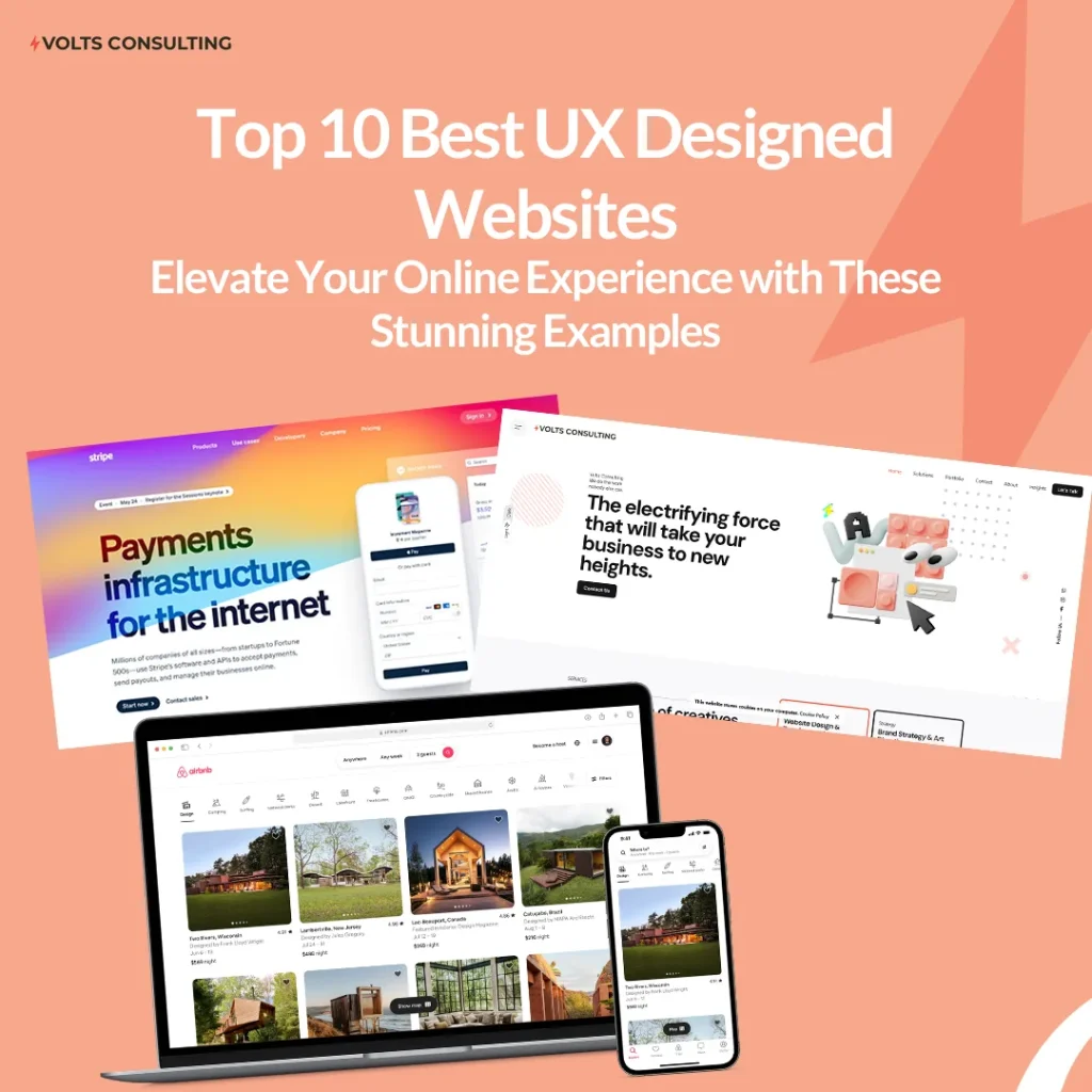 A collection of top UX-designed websites including Stripe, Airbnb, and Volts Consulting displayed on multiple devices.