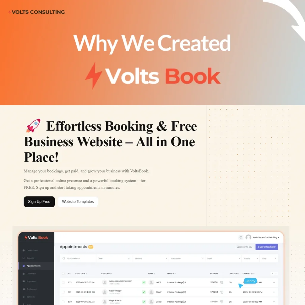 VoltsBook logo with tagline 'All-in-one booking & automation platform for service businesses'